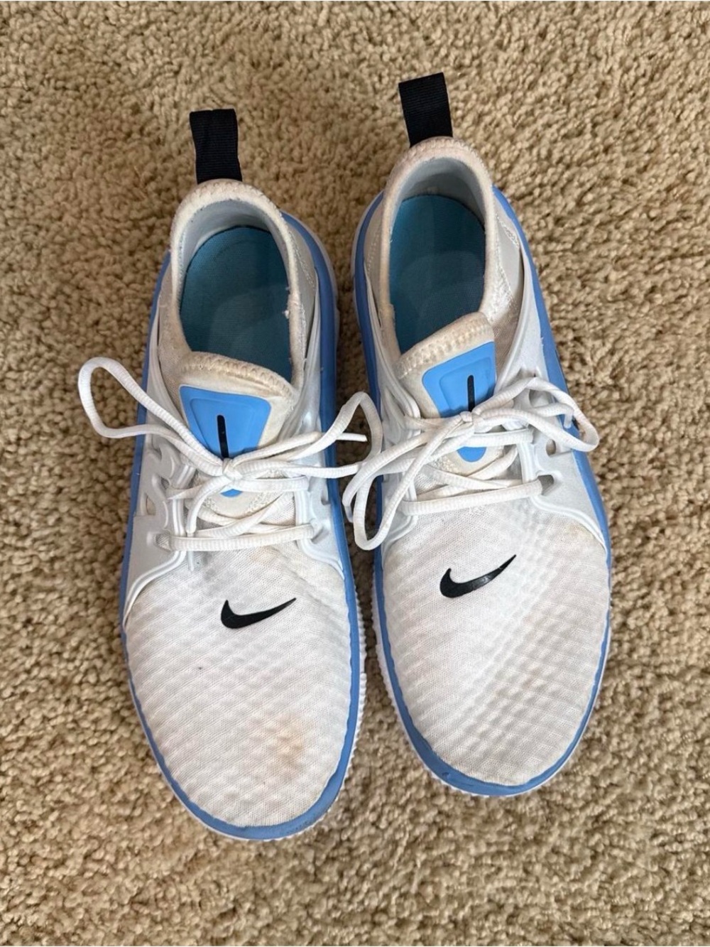 Nike White & Light Blue Athletic Sneakers with Black Swoosh